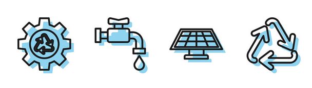 Establecer línea Panel de energía solar, Reciclar símbolo y engranaje, Grifo de agua e icono de símbolo de reciclaje. Vector
 - Vector, imagen