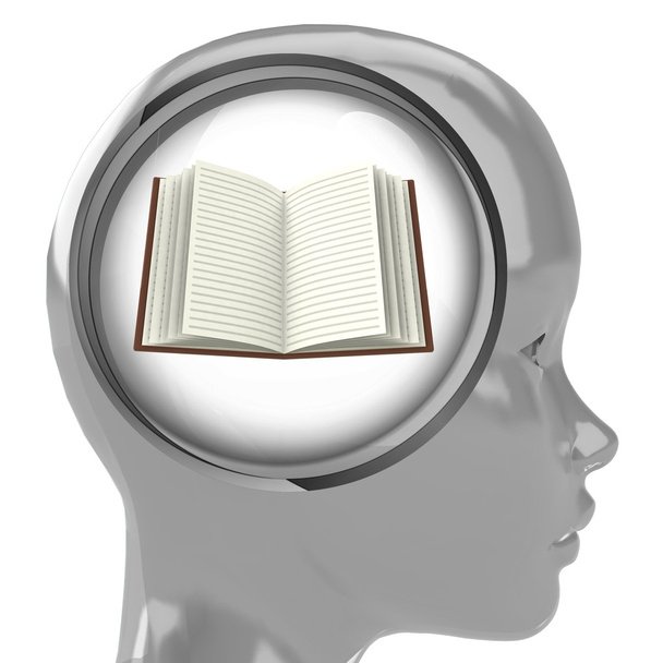 cabeça humana metálica com nuvem cerebral com livro aberto dentro
 - Foto, Imagem
