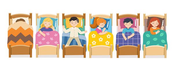 Boys and girls sleeping in bed in various poses. Bedtime and rest. - Vector, Image