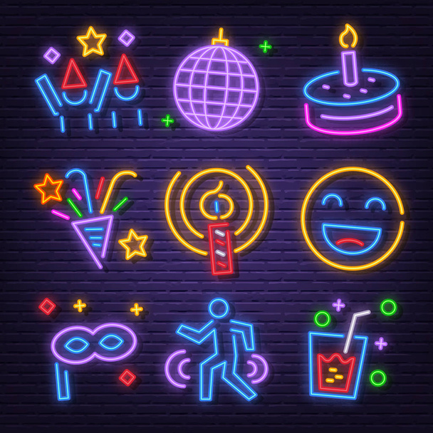 birthday party neon signboard icons - Vector, Image