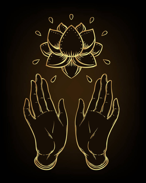 Lord Buddha ha aperto le mani tenendo il fiore di loto. Illustrazione vettoriale isolata di Mudra. Motivi indù. Tatuaggio, yoga, spiritualità, tessuti. Gradiente d'oro su nero
. - Vettoriali, immagini
