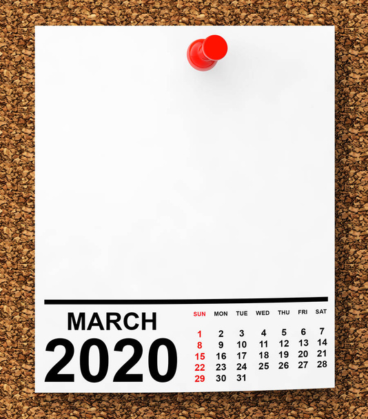 Calendar March 2020 on Blank Note Paper. 3d Rendering - Photo, Image