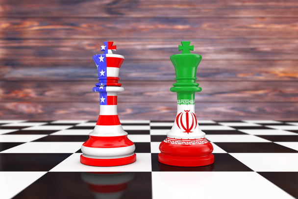 チェス盤の上にアメリカとイランの王チェス。3Dレンダリング - 写真・画像