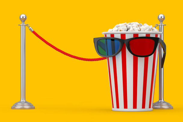Eimer voll Popcorn in 3D-Gläsern vor Kino-Absperrung  - Foto, Bild