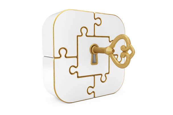 Starožitný Retro starý zlatý klíč v bílé skládačce puzzle box. 3d Rend - Fotografie, Obrázek