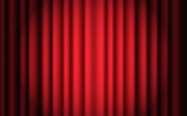 Cortinas de terciopelo de seda roja escarlata de lujo y cortinas de diseño de decoración de interiores. Lujoso reflector iluminado cortina roja interior. Cortina de teatro rojo
 - Vector, Imagen