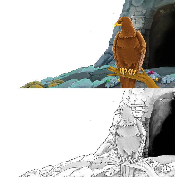 cartoon scene with bird eagle with entrance to the mine with sketch page - Foto, Bild