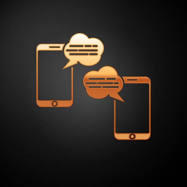 Золоті нові повідомлення балачки на піктограмі телефону ізольовані на чорному тлі. Смартфон спілкується смс-повідомленнями бульбашки мовлення. Векторна ілюстрація
 - Вектор, зображення