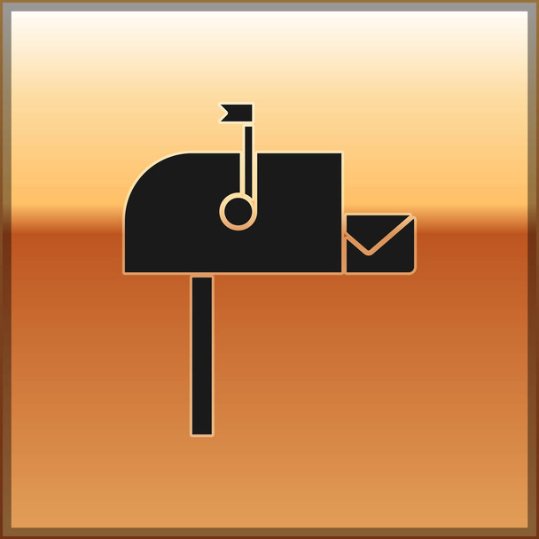 Ікона Black Open поштової скриньки ізольована на золотому тлі. Ікона Mailbox. Поштова скринька на полюсі з прапором. Векторний приклад - Вектор, зображення
