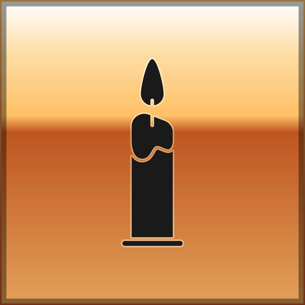 Black Burning candle in candlestick icon isolated on gold background. Cylindrical candle stick with burning flame. Vector Illustration - Vector, Image