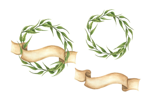 Zestaw ręcznie rysowanych zielonych liści wieńców ze wstążką. Idealny na zaproszenia ślubne, kartki okolicznościowe, blogi, druki i wiele innych. akwarela ilustracja. - Zdjęcie, obraz