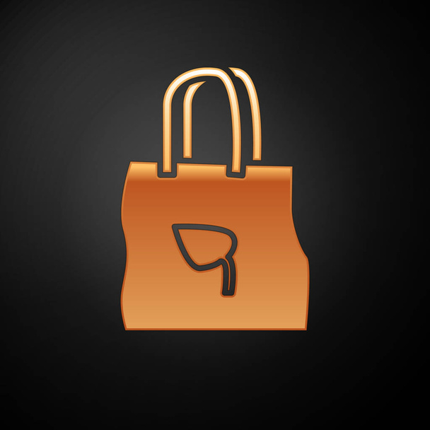 Χρυσή χάρτινη τσάντα αγορών με ανακυκλωμένο εικονίδιο που απομονώνεται σε μαύρο φόντο. Τσάντα με σύμβολο ανακύκλωσης. Εικονογράφηση διανύσματος - Διάνυσμα, εικόνα