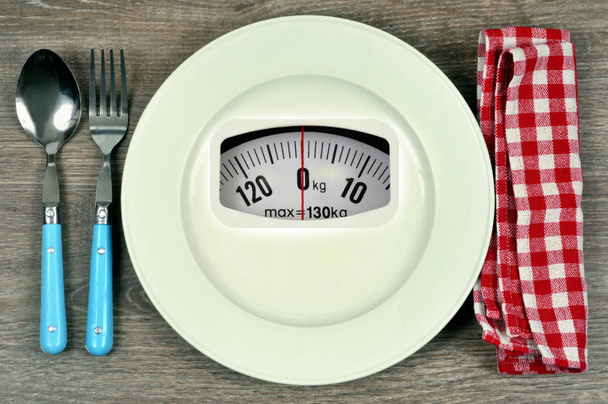 Food hygiene concept with a bathroom scale plate - Photo, Image