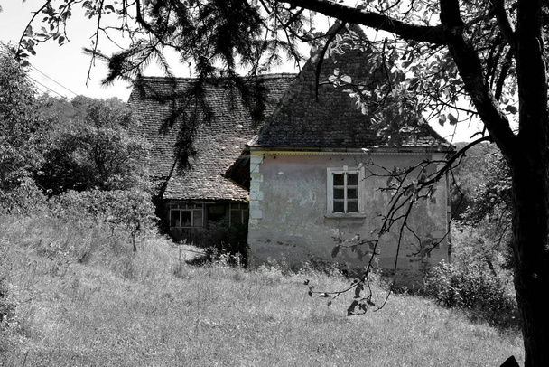 Typická Venkovská krajina a rolnické domy ve vesnici Alma VII (Almen), Rumunsko. Sídliště založili Saské kolonisty uprostřed 12. století - Fotografie, Obrázek