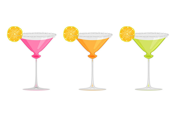 Set margarita cocktail isolated on white background.Margarita, tequila, liqueur, lime juice alcoholic cocktail in glass with lime slice in glass. Summer refreshing beverage for party. Stock vector illustration. - Vector, Image