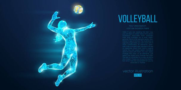 Abstract silhouette of volleyball player woman, girl, female with volleyball ball. All elements on a separate layers color can be changed to any other. Low poly neon wire outline geometric. Vector - ベクター画像