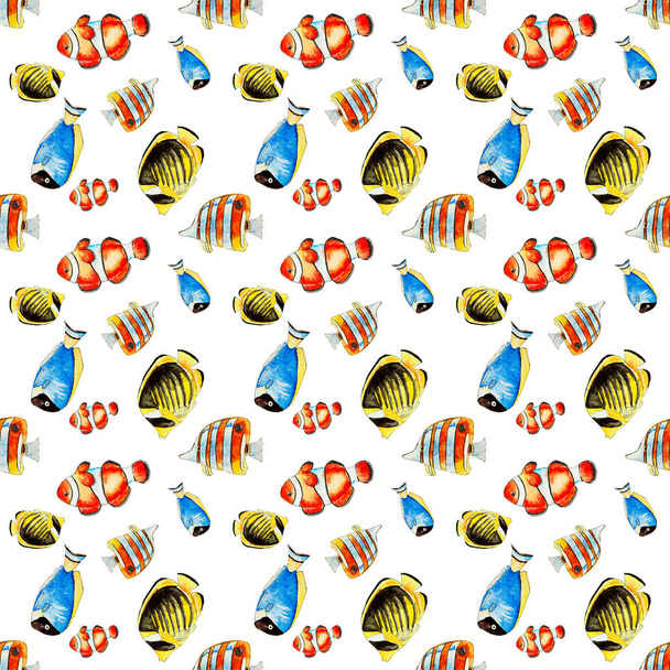 Seamless pattern with multicolored tropical fishes isolated on white background. Handmade illustration of tropic fishes. Watercolor drawing of colored fishes. - Fotó, kép