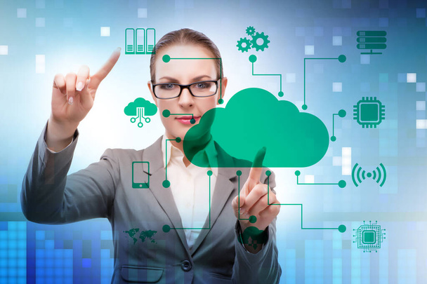 Cloud-Computing-Konzept mit Frau auf Knopfdruck - Foto, Bild