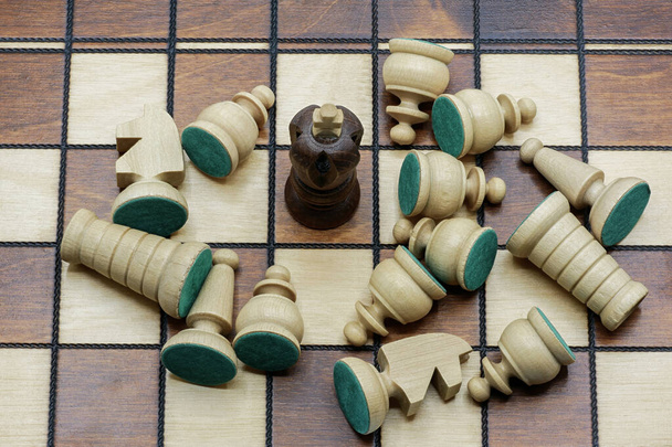 Concetto di sopravvivenza: Pezzo di scacchi re nero con pezzi di scacchi bianchi sconfitti
 - Foto, immagini