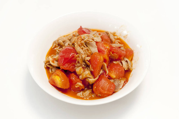 Chicken Tomato Stir Fry on white background - Photo, Image