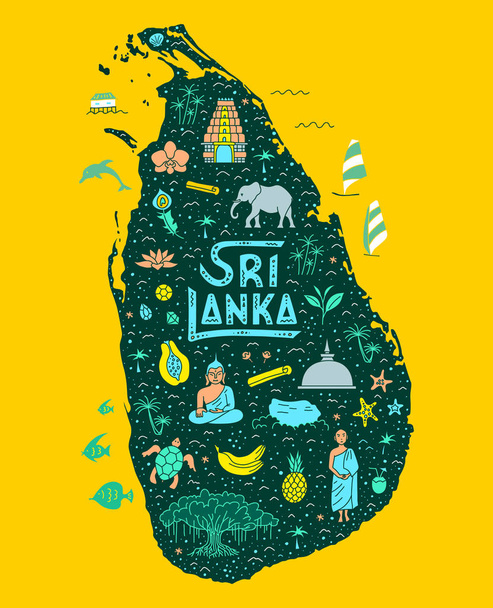 Ręcznie rysowana mapa Sri Lanki w stylu bazgrołów z literami. Stylizowana mapa kraju. Ilustracja wektora. - Wektor, obraz
