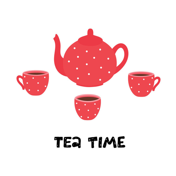 Tea time. Teapot and cups. Vector illustration - Vector, Image