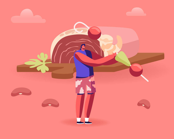 Традиційна бразильська кухня Concept Man Holding Huge Stick with Shrimps and Tomatoes with Beans Scattered around and Huge Piece of Raw Meat on Background. Смачна їжа Cartoon Flat Vector Illustration - Вектор, зображення