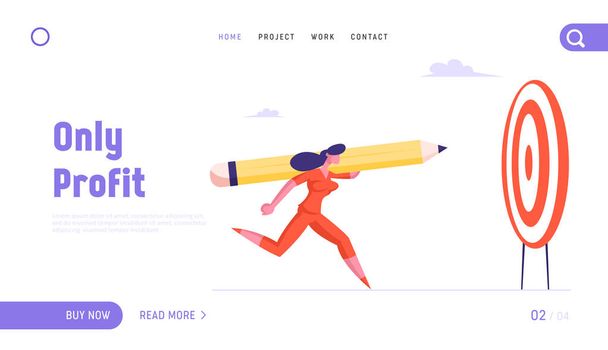 Career Boost, Finance Growth Website Landing Page. Purposeful Business Woman or Manager Throw Huge Pencil to Aim for Working Success, Goal Achievement Web Page Banner. Cartoon Flat Vector Illustration - Vector, Image