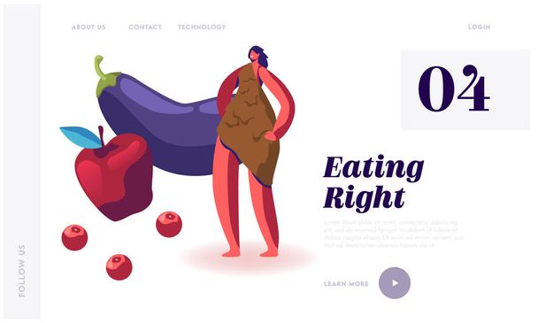 Ιστότοπος Paleo Diet Concept. Γυναίκα Σπήλαιο σε Animal Skin Stand κοντά Apple και Eggplant. Διαιτητικό Σχέδιο Ανθρώπων Τρώνε Τρόφιμα στην Παλαιολιθική Εποχή Web Page Banner. Εικονογράφηση επίπεδου διανύσματος κινουμένων σχεδίων - Διάνυσμα, εικόνα