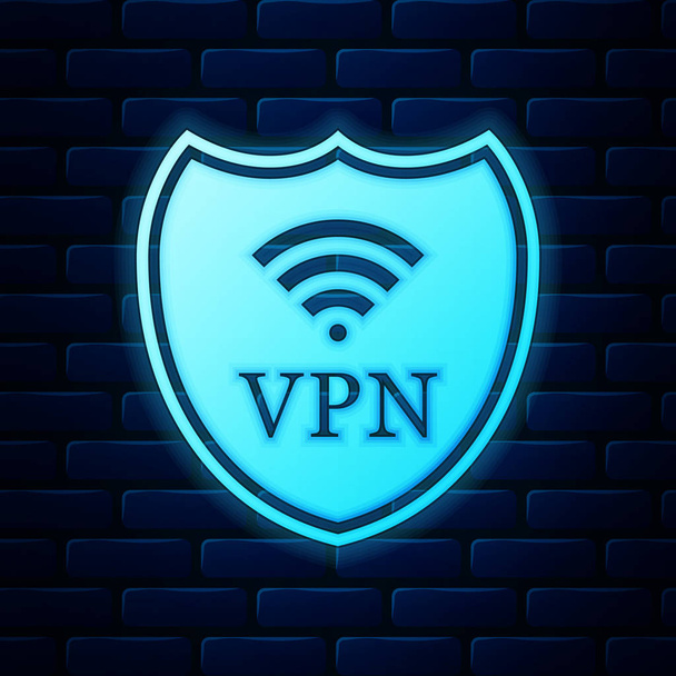 Bouclier lumineux au néon avec icône de symbole de réseau Internet sans fil VPN et WiFi isolé sur fond de mur de briques. VPN protéger concept de sécurité. Réseau privé virtuel pour la sécurité. Illustration vectorielle
 - Vecteur, image