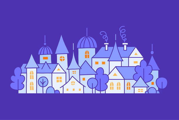Handgetekende kleine stad in cartoon stijl. Vector doodle illustratie met stadspanorama. - Vector, afbeelding