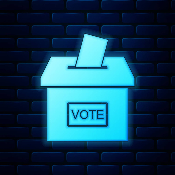 Glowing neon Vote box or ballot box with envelope icon isolated on brick wall background. Vector Illustration - Vector, Image