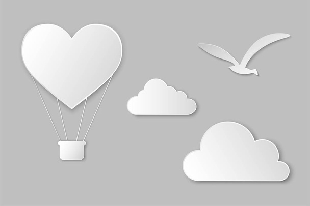Λευκό χαρτί έκοψε καρδιά μπαλόνι θερμού αέρα, σύννεφα και πουλί. σύνολο της αγάπης και του Αγίου Βαλεντίνου ημέρα χαρτί κομμένα στοιχείο σχεδιασμού - Διάνυσμα, εικόνα