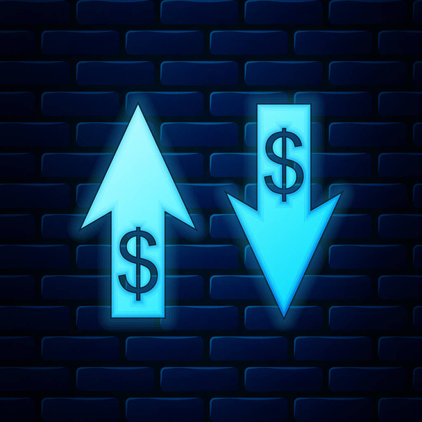 Leuchtende neonfarbene Auf- und Abwärtspfeile mit Dollar-Symbol isoliert auf Backsteinmauer Hintergrund. Geschäftskonzept. Vektorillustration - Vektor, Bild