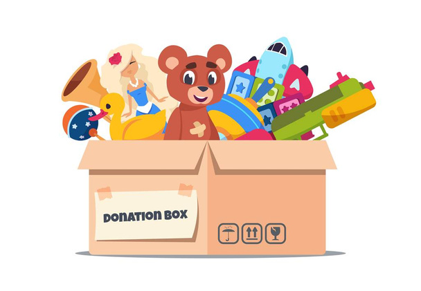 Boîte à jouets de don. Conteneurs en carton avec assistance sociale et soutien pour les enfants purs. Vecteur bénévolat charité et aide aux enfants
 - Vecteur, image