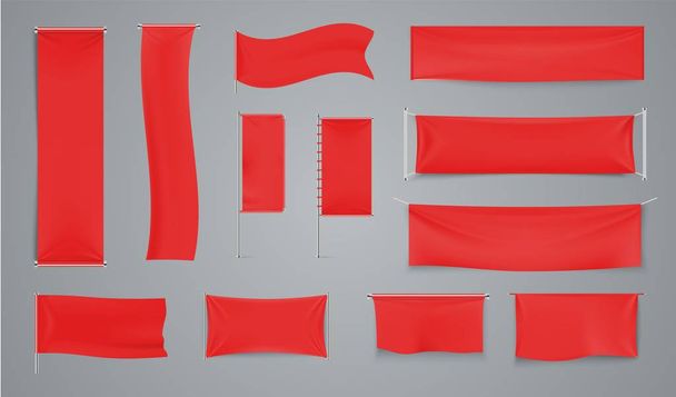 Bannières publicitaires textiles rouges. Drapeau en tissu. Bannière d'ondulation réaliste vectorielle
 - Vecteur, image