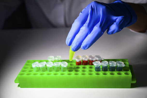 Scientist working with green colour solution in eppendorf tube f - Zdjęcie, obraz