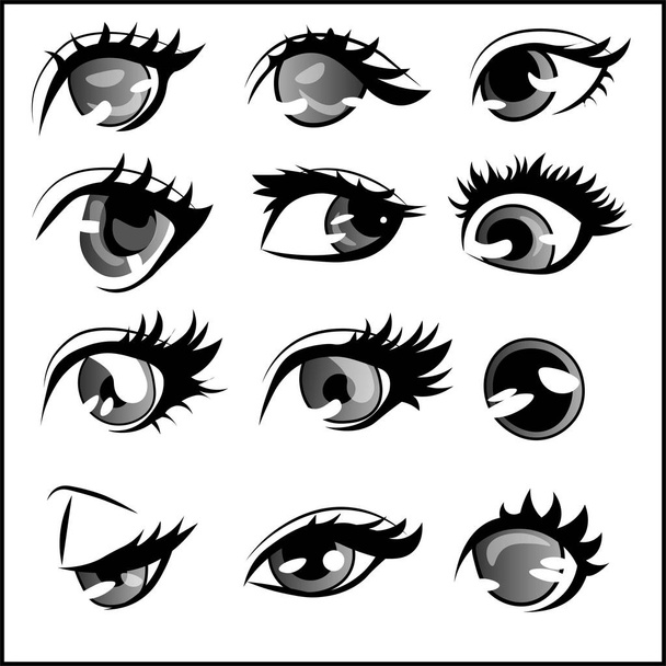 Different styles and shapes of anime eyes, element pack. Set of twelve ocular drawings. - Vector, Image