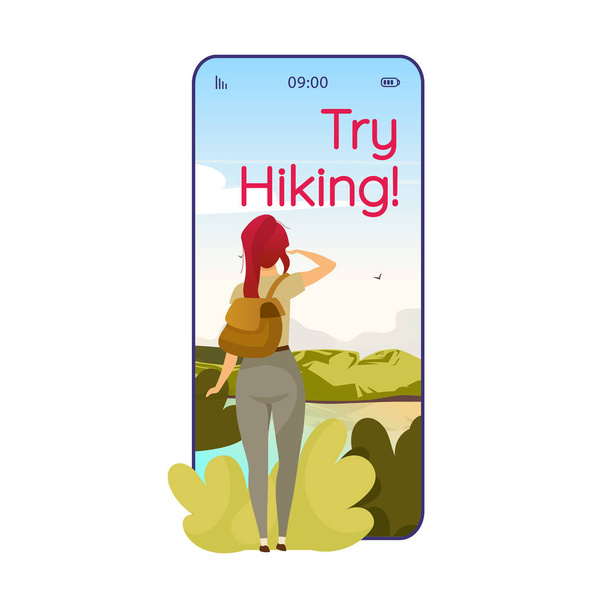 Try hiking cartoon smartphone vector app screen. Expedition trip, trekking. Mobile phone displays with flat character design mockup. Forest exploration application telephone cute interface - Vector, Image