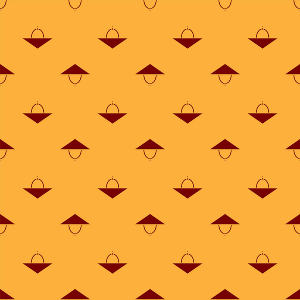 Rode Aziatische conische hoed pictogram geïsoleerd naadloos patroon op bruine achtergrond. Chinese kegelvormige strohoed. Vector Illustratie - Vector, afbeelding