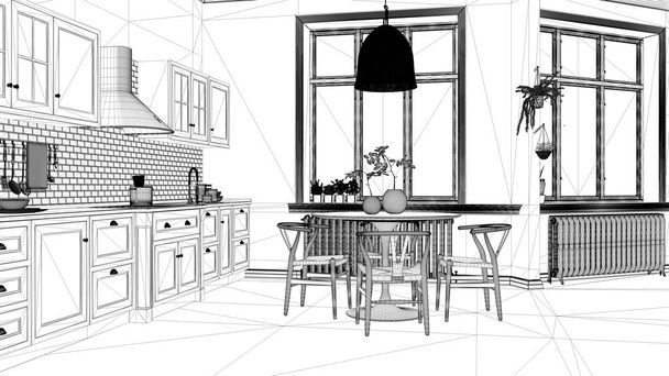 Blaupause Projektskizze, Retro-Vintage-Küche mit Marmorboden und Fenstern, Esszimmer, runder Tisch mit Holzstühlen, Topfpflanzen, Heizkörper, Pendelleuchte, gemütliche Inneneinrichtung - Foto, Bild