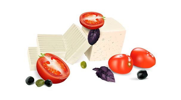 Fresh tomatoes with goat cheese and olives and Basil leaves for healthy eating in vector design. - Διάνυσμα, εικόνα