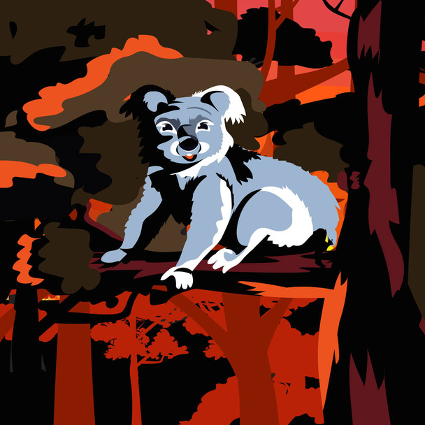 koala oso sentado en los incendios forestales de árboles en Australia animales muriendo en incendios forestales arbustos concepto de desastre natural intensas llamas de color naranja
 - Vector, Imagen