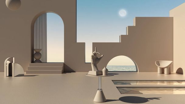 Imaginary fictional architecture, dreamlike empty space, design of exterior terrace, concrete rosy walls, arched windows, pools, table with hand figurine, sea panorama, scenery - Photo, Image