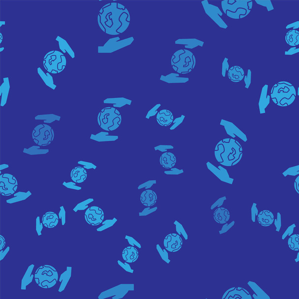 Manos humanas azules sosteniendo icono globo terráqueo aislado patrón sin costura sobre fondo azul. Guarde el concepto de tierra. Ilustración vectorial
 - Vector, imagen