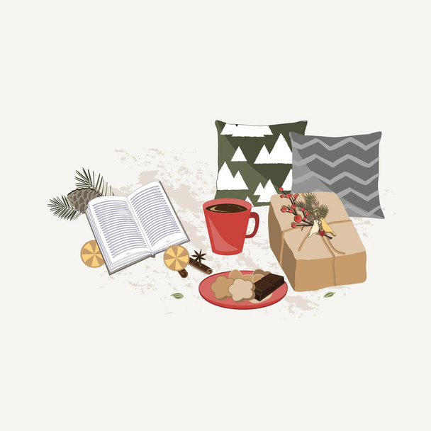 Рождественская композиция Подарки, подушки, елки, чашки какао и печенье на белом фоне. Рождество, зима, новый год. Вектор
 - Вектор,изображение