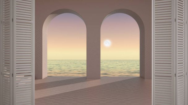 White folding door opening on empty space with arched window and staircase, concrete rosy walls, terrace with sunrise sunset sea panorama, architect designer concept, blur background - 写真・画像