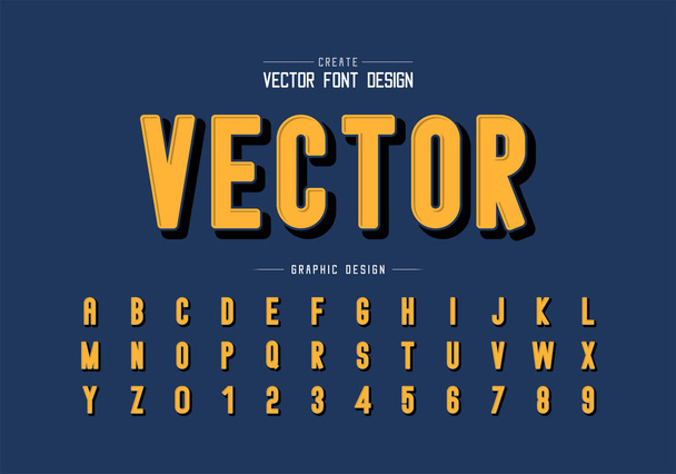 Черный теневой шрифт и круглый алфавит вектор, Желтая буква шрифт и цифра дизайн, графический текст на темно-синем фоне
 - Вектор,изображение