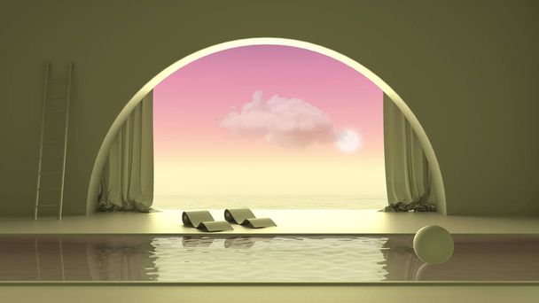 Imaginary fictional architecture, interior design of empty space with arched window with curtain, concrete green walls, swimming pool with chaise longue, sunrise sunset sea panorama - 写真・画像