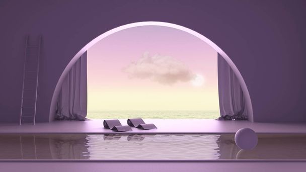 Imaginary fictional architecture, interior design of empty space with arched window with curtain, concrete purple walls, swimming pool with chaise longue, sunrise sunset sea panorama - 写真・画像
